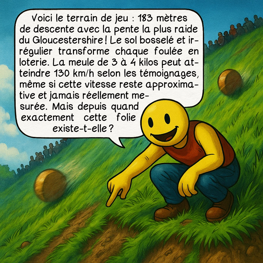 La Cooper's hill cheese-rolling and wake, case 2 : Voici le terrain de jeu : 183 mètres de descente avec la pente la plus raide du Gloucestershire ! Le sol bosselé et irrégulier transforme chaque foulée en loterie. La meule de 3 à 4 kilos peut atteindre 130 km/h selon les témoignages, même si cette vitesse reste approximative et jamais réellement mesurée. Mais depuis quand exactement cette folie existe-t-elle ?