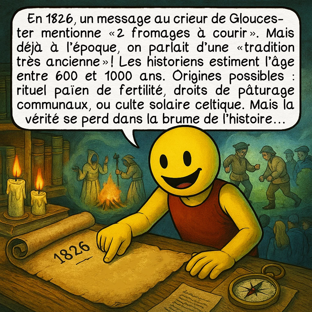 La Cooper's hill cheese-rolling and wake, case 3 : En 1826, un message au crieur de Gloucester mentionne '2 fromages à courir'. Mais déjà à l'époque, on parlait d'une 'tradition très ancienne' ! Les historiens estiment l'âge entre 600 et 1000 ans. Origines possibles : rituel païen de fertilité, droits de pâturage communaux, ou culte solaire celtique. Mais la vérité se perd dans la brume de l'histoire...