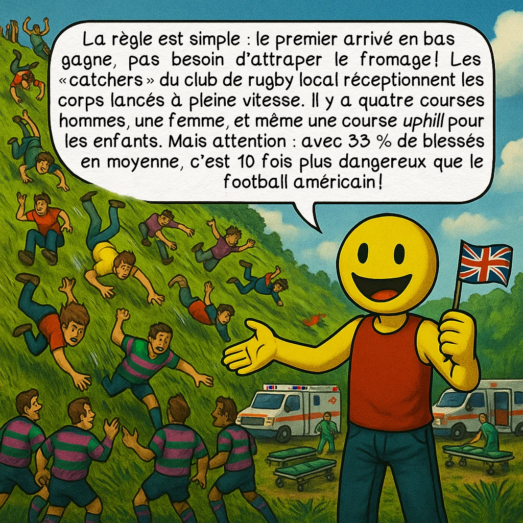 La Cooper's hill cheese-rolling and wake, case 4 : La règle est simple : le premier arrivé en bas gagne, pas besoin d'attraper le fromage ! Les 'catchers' du club de rugby local réceptionnent les corps lancés à pleine vitesse. Il y a quatre courses hommes, une femmes, et même une course uphill pour les enfants. Mais attention : avec 33% de blessés en moyenne, c'est 10 fois plus dangereux que le football américain !