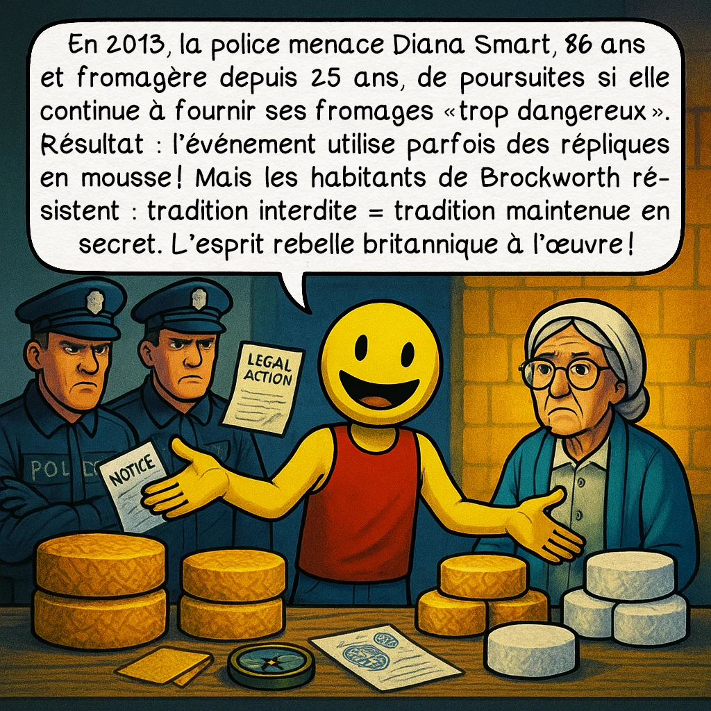 La Cooper's hill cheese-rolling and wake, case 6 : En 2013, la police menace Diana Smart, 86 ans et fromagère depuis 25 ans, de poursuites si elle continue à fournir ses fromages 'trop dangereux'. Résultat : l'événement utilise parfois des répliques en mousse ! Mais les habitants de Brockworth résistent : tradition interdite = tradition maintenue en secret. L'esprit rebelle britannique à l'œuvre !