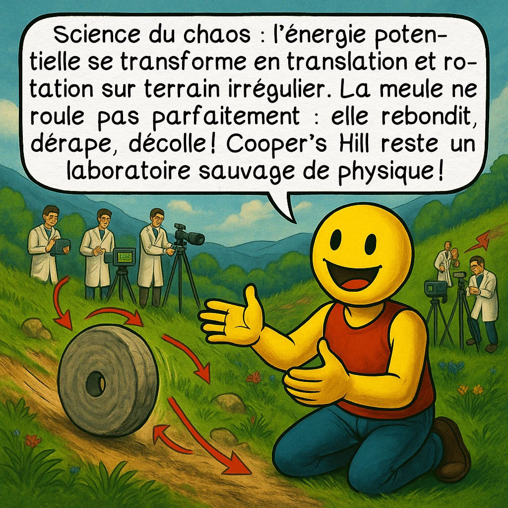 La Cooper's hill cheese-rolling and wake, case 7 : Science du chaos : l'énergie potentielle se transforme en translation et rotation sur terrain irrégulier. La meule ne roule pas parfaitement : elle rebondit, dérape, décolle ! Cooper's Hill reste un laboratoire sauvage de physique !
