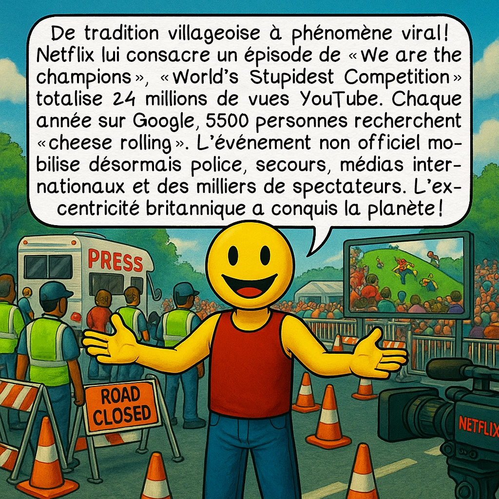 La Cooper's hill cheese-rolling and wake, case 8 : De tradition villageoise à phénomène viral ! Netflix lui consacre un épisode de 'We Are the Champions', 'World's Stupidest Competition' totalise 24 millions de vues YouTube. Chaque année sur Google, 5500 personnes recherchent 'cheese rolling'. L'événement non-officiel mobilise désormais police, secours, médias internationaux et des milliers de spectateurs. L'excentricité britannique a conquis la planète !