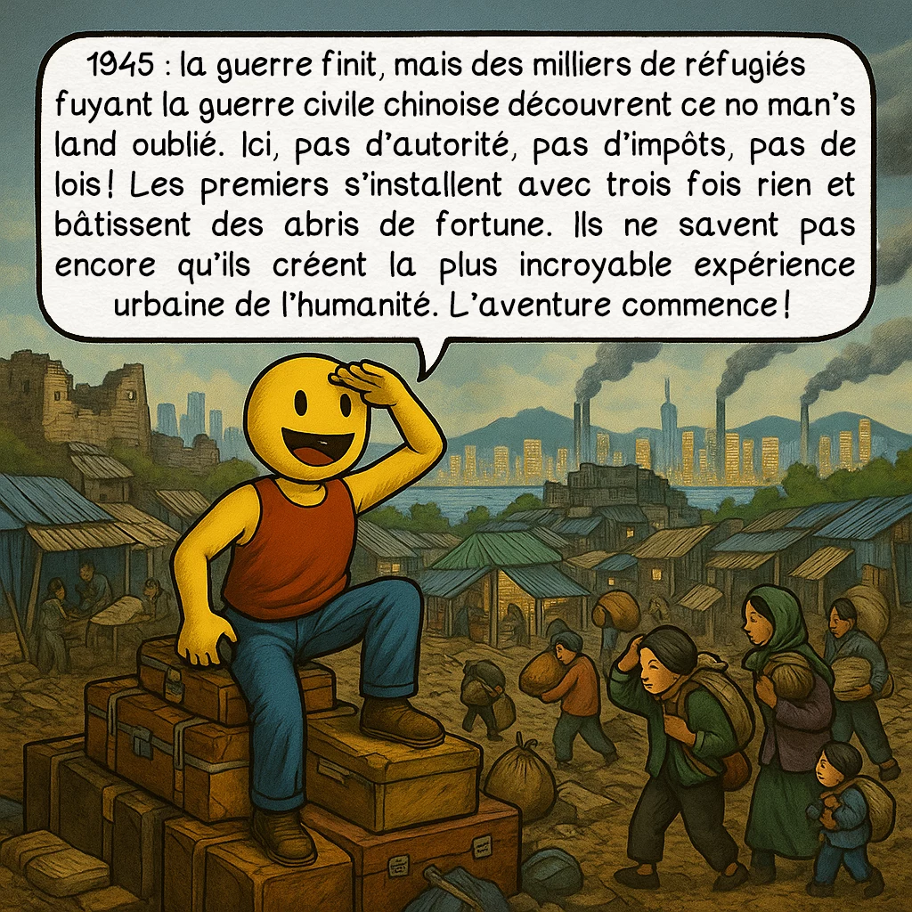 La citadelle de Kowloon, case 3 : 1945 : la guerre finit, mais des milliers de réfugiés fuyant la guerre civile chinoise découvrent ce no man’s land oublié. Ici, pas d’autorité, pas d’impôts, pas de lois ! Les premiers s’installent avec trois fois rien et bâtissent des abris de fortune. Ils ne savent pas encore qu’ils créent la plus incroyable expérience urbaine de l’humanité. L’aventure commence !