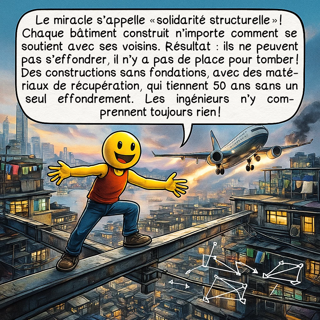La citadelle de Kowloon, case 5 : Le miracle s’appelle « solidarité structurelle » ! Chaque bâtiment construit n’importe comment se soutient avec ses voisins. Résultat : ils ne peuvent pas s’effondrer, il n’y a pas de place pour tomber ! Des constructions sans fondations, avec des matériaux de récupération, qui tiennent 50 ans sans un seul effondrement. Les ingénieurs n’y comprennent toujours rien !