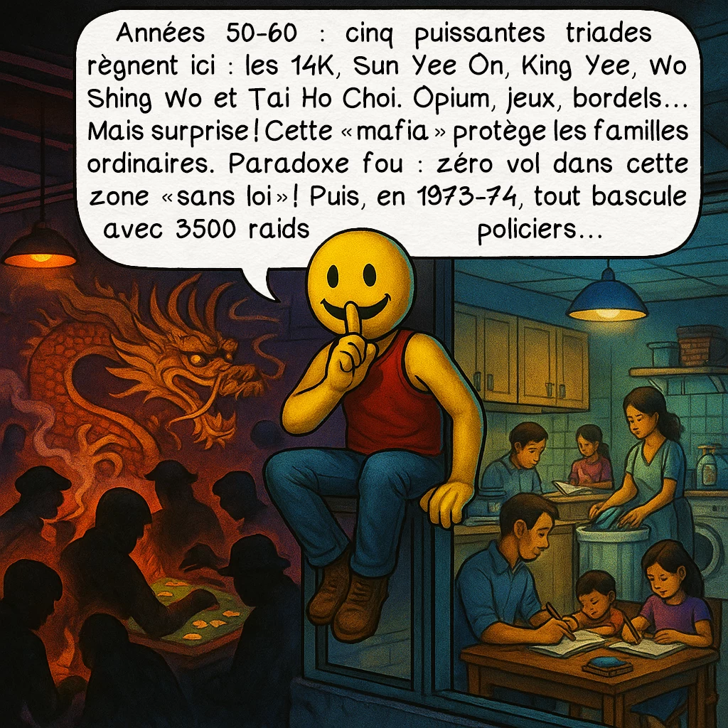 La citadelle de Kowloon, case 6 : Années 50-60 : cinq puissantes triades règnent ici — les 14K, Sun Yee On, King Yee, Wo Shing Wo et Tai Ho Choi. Opium, jeux, bordels… Mais surprise ! Cette « mafia » protège les familles ordinaires. Paradoxe fou : zéro vol dans cette zone « sans loi » ! Puis, en 1973-74, tout bascule avec 3500 raids policiers…