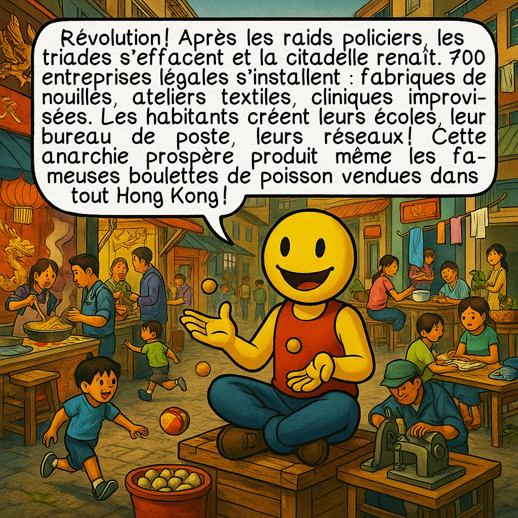 La citadelle de Kowloon, case 7 : Révolution ! Après les raids policiers, les triades s’effacent et la citadelle renaît. 700 entreprises légales s’installent : fabriques de nouilles, ateliers textiles, cliniques improvisées. Les habitants créent leurs écoles, leur bureau de poste, leurs réseaux ! Cette anarchie prospère produit même les fameuses boulettes de poisson vendues dans tout Hong Kong !