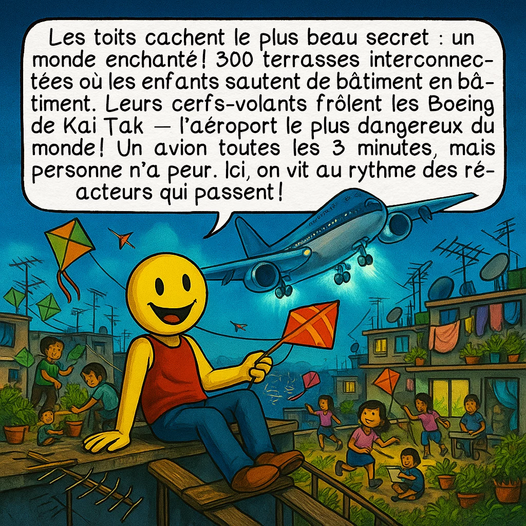 La citadelle de Kowloon, case 8 : Les toits cachent le plus beau secret : un monde enchanté ! 300 terrasses interconnectées où les enfants sautent de bâtiment en bâtiment. Leurs cerfs-volants frôlent les Boeing de Kai Tak — l’aéroport le plus dangereux du monde ! Un avion toutes les 3 minutes, mais personne n’a peur. Ici, on vit au rythme des réacteurs qui passent !