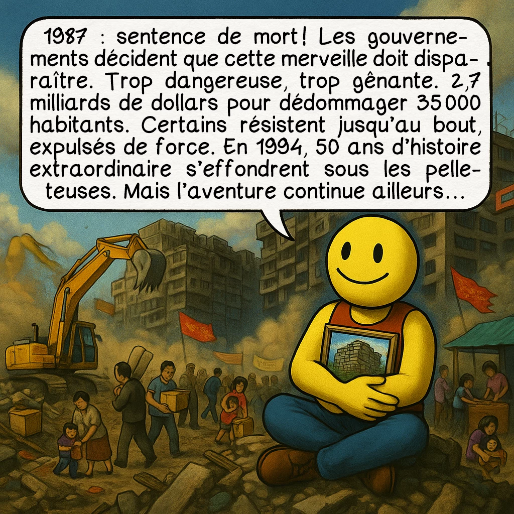 La citadelle de Kowloon, case 9 : 1987 : sentence de mort ! Les gouvernements décident que cette merveille doit disparaître. Trop dangereuse, trop gênante. 2,7 milliards de dollars pour dédommager 35 000 habitants. Certains résistent jusqu’au bout, expulsés de force. En 1994, 50 ans d’histoire extraordinaire s’effondrent sous les pelleteuses. Mais l’aventure continue ailleurs…
