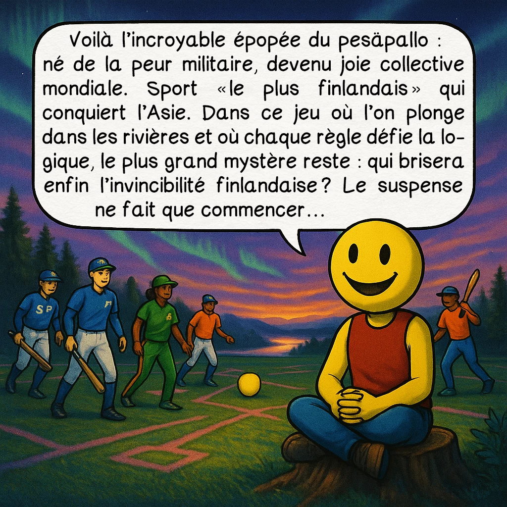 Le pesäpallo, case 10 : Voilà l’incroyable épopée du pesäpallo : né de la peur militaire, devenu joie collective mondiale. Sport « le plus finlandais » qui conquiert l’Asie. Dans ce jeu où l’on plonge dans les rivières et où chaque règle défie la logique, le plus grand mystère reste : qui brisera enfin l’invincibilité finlandaise ? Le suspense ne fait que commencer…