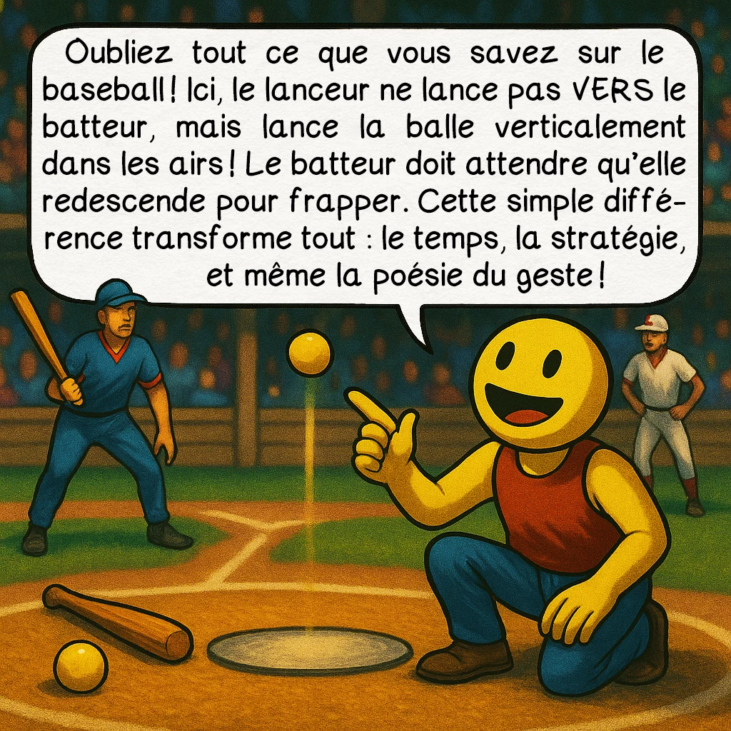 Le pesäpallo, case 2 : Oubliez tout ce que vous savez sur le baseball ! Ici, le lanceur ne lance pas VERS le batteur, mais lance la balle verticalement dans les airs ! Le batteur doit attendre qu’elle redescende pour frapper. Cette simple différence transforme tout : le temps, la stratégie, et même la poésie du geste !