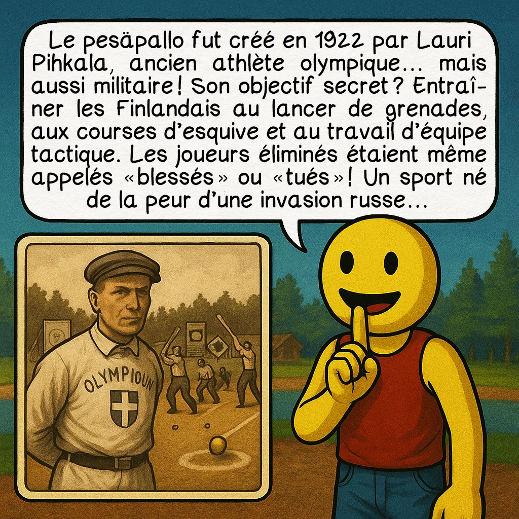Le pesäpallo, case 4 : Le pesäpallo fut créé en 1922 par Lauri Pihkala, ancien athlète olympique… mais aussi militaire ! Son objectif secret ? Entraîner les Finlandais au lancer de grenades, aux courses d’esquive et au travail d’équipe tactique. Les joueurs éliminés étaient même appelés « blessés » ou « tués » ! Un sport né de la peur d’une invasion russe…