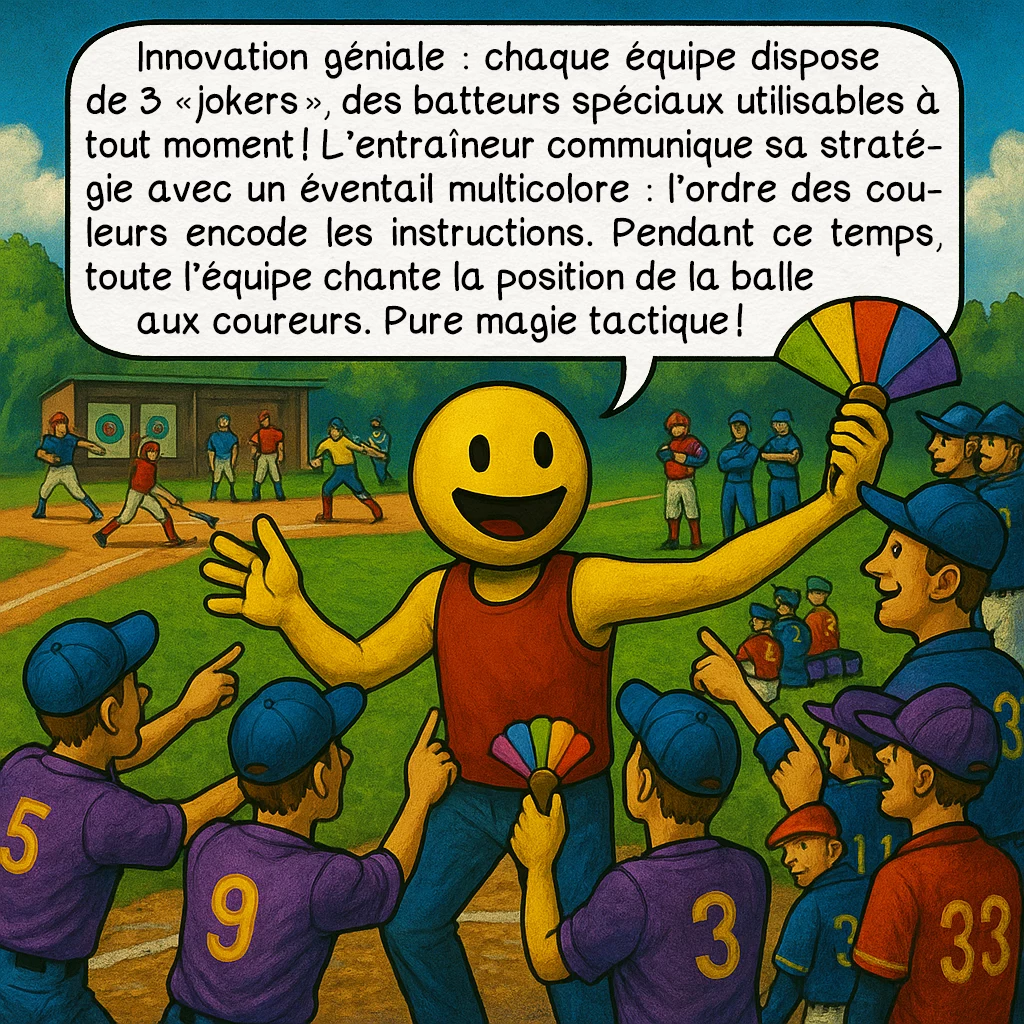 Le pesäpallo, case 5 : Innovation géniale : chaque équipe dispose de 3 « jokers », des batteurs spéciaux utilisables à tout moment ! L’entraîneur communique sa stratégie avec un éventail multicolore : l’ordre des couleurs encode les instructions. Pendant ce temps, toute l’équipe chante la position de la balle aux coureurs. Pure magie tactique !