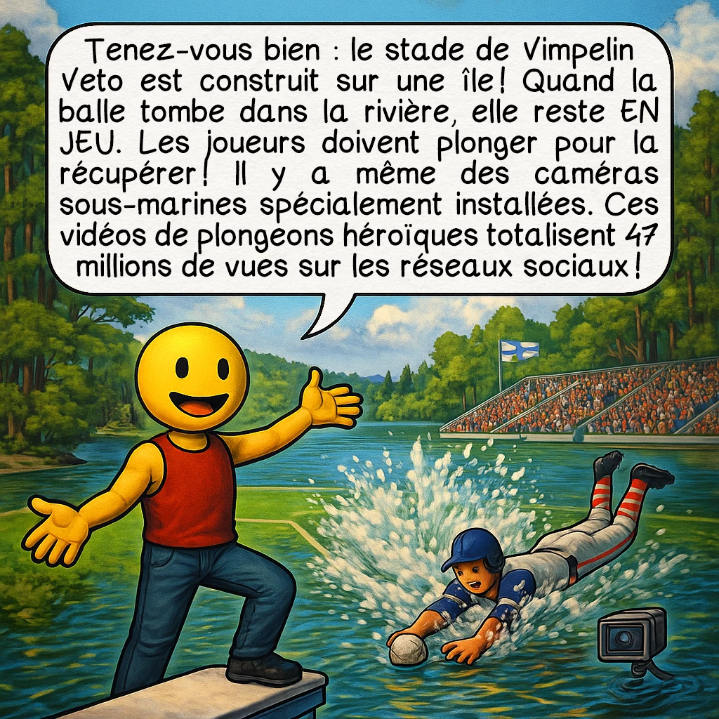 Le pesäpallo, case 6 : Tenez-vous bien : le stade de Vimpelin Veto est construit sur une île ! Quand la balle tombe dans la rivière, elle reste EN JEU. Les joueurs doivent plonger pour la récupérer ! Il y a même des caméras sous-marines spécialement installées. Ces vidéos de plongeons héroïques totalisent 47 millions de vues sur les réseaux sociaux !