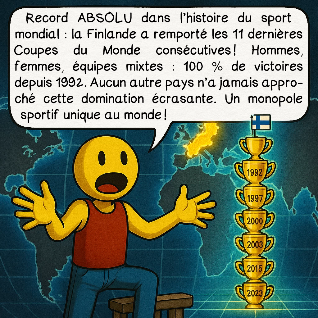 Le pesäpallo, case 7 : Record ABSOLU dans l’histoire du sport mondial : la Finlande a remporté les 11 dernières Coupes du Monde consécutives ! Hommes, femmes, équipes mixtes : 100 % de victoires depuis 1992. Aucun autre pays n’a jamais approché cette domination écrasante. Un monopole sportif unique au monde !