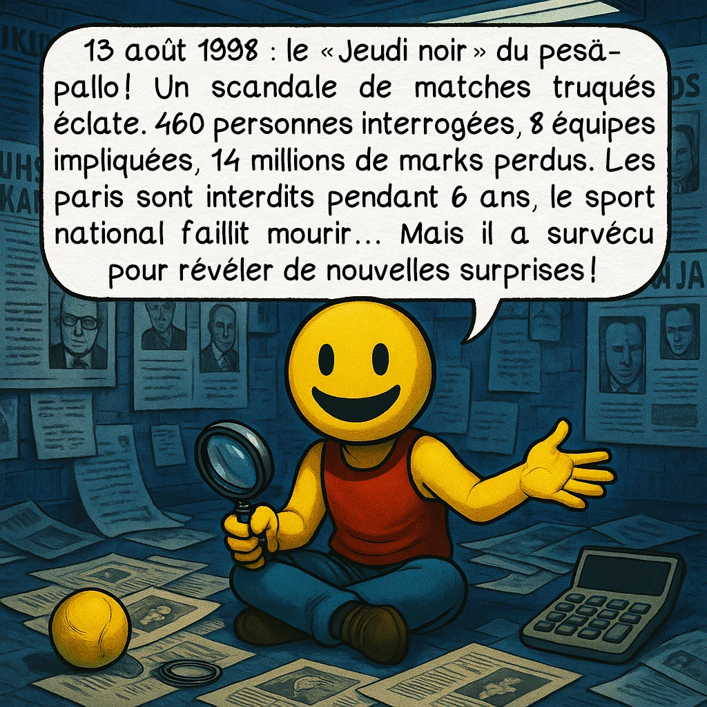 Le pesäpallo, case 8 : 13 août 1998 : le « Jeudi noir » du pesäpallo ! Un scandale de matches truqués éclate. 460 personnes interrogées, 8 équipes impliquées, 14 millions de marks perdus. Les paris sont interdits pendant 6 ans, le sport national faillit mourir… Mais il a survécu pour révéler de nouvelles surprises !