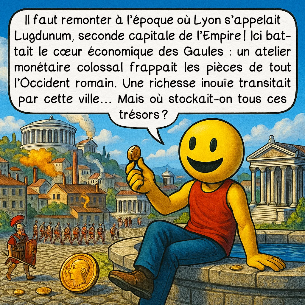 Les arêtes de poisson, case 2 : Il faut remonter à l’époque où Lyon s’appelait Lugdunum, seconde capitale de l’Empire ! Ici battait le cœur économique des Gaules : un atelier monétaire colossal frappait les pièces de tout l’Occident romain. Une richesse inouïe transitait par cette ville… Mais où stockait-on tous ces trésors ?