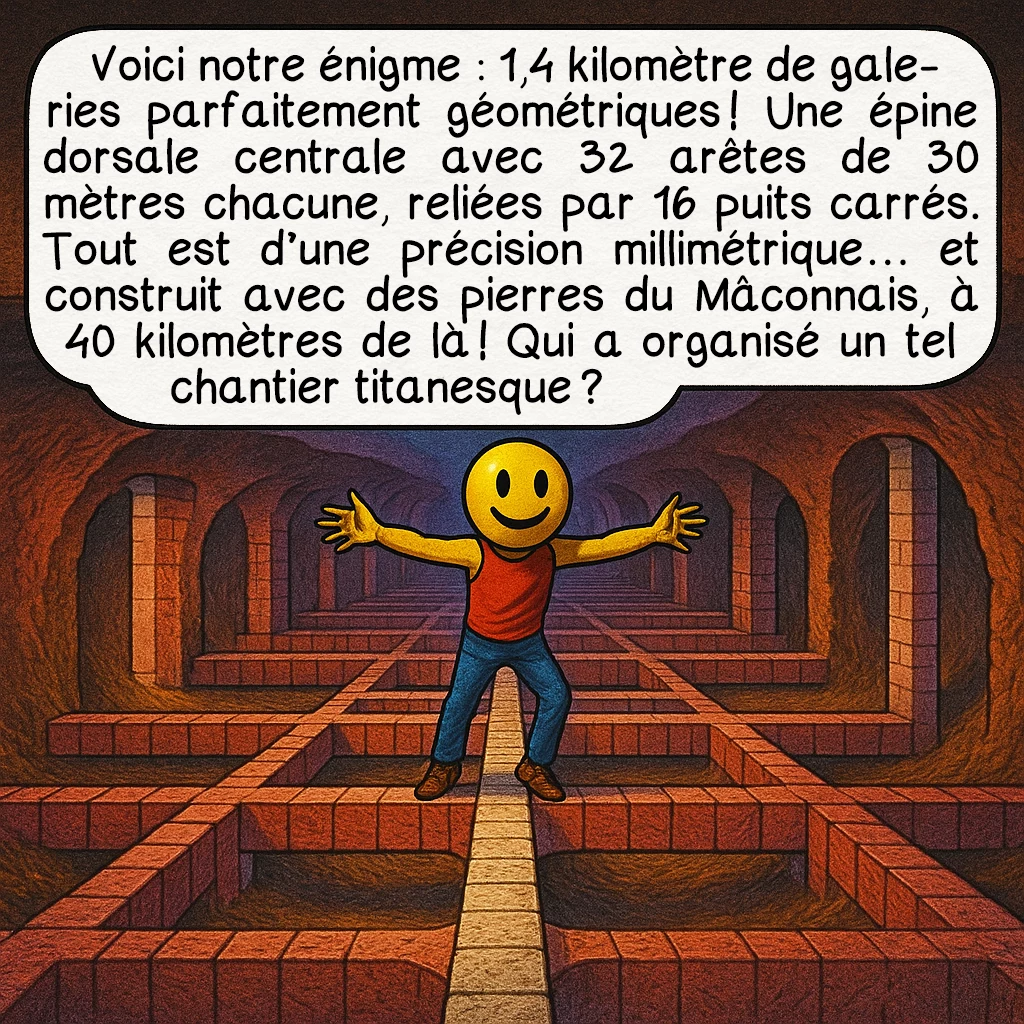 Les arêtes de poisson, case 3 : Voici notre énigme : 1,4 kilomètre de galeries parfaitement géométriques ! Une épine dorsale centrale avec 32 arêtes de 30 mètres chacune, reliées par 16 puits carrés. Tout est d’une précision millimétrique… et construit avec des pierres du Mâconnais, à 40 kilomètres de là ! Qui a organisé un tel chantier titanesque ?