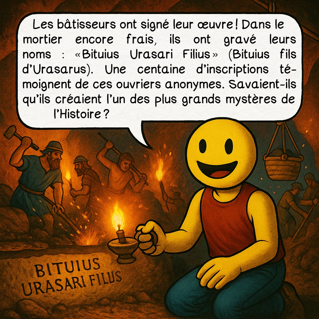 Les arêtes de poisson, case 4 : Les bâtisseurs ont signé leur œuvre ! Dans le mortier encore frais, ils ont gravé leurs noms : « Bituius Urasari Filius » (Bituius fils d’Urasarus). Une centaine d’inscriptions témoignent de ces ouvriers anonymes. Savaient-ils qu’ils créaient l’un des plus grands mystères de l’Histoire ?