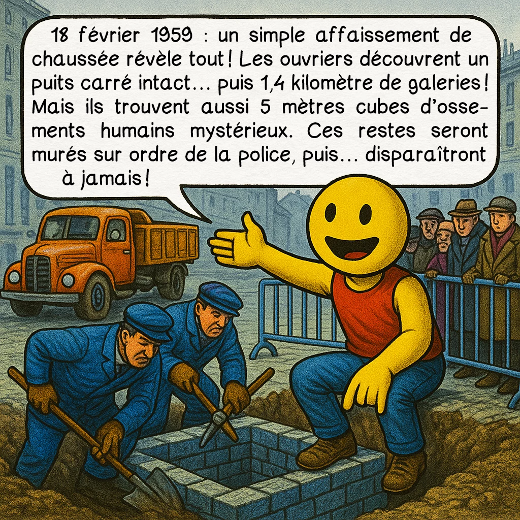 Les arêtes de poisson, case 5 : 18 février 1959 : un simple affaissement de chaussée révèle tout ! Les ouvriers découvrent un puits carré intact… puis 1,4 kilomètre de galeries ! Mais ils trouvent aussi 5 mètres cubes d’ossements humains mystérieux. Ces restes seront murés sur ordre de la police, puis… disparaîtront à jamais !