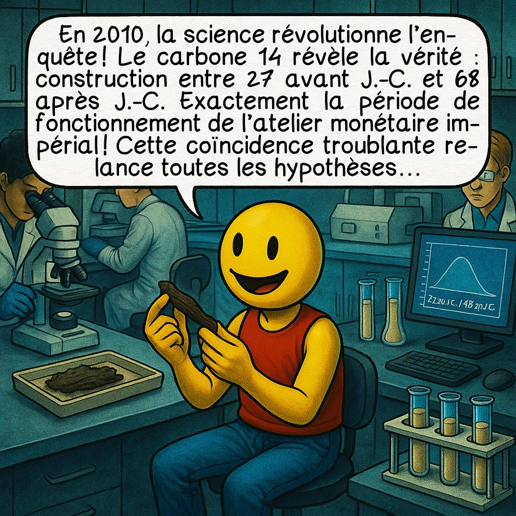 Les arêtes de poisson, case 6 : En 2010, la science révolutionne l’enquête ! Le carbone 14 révèle la vérité : construction entre 27 avant J.-C. et 68 après J.-C. Exactement la période de fonctionnement de l’atelier monétaire impérial ! Cette coïncidence troublante relance toutes les hypothèses…