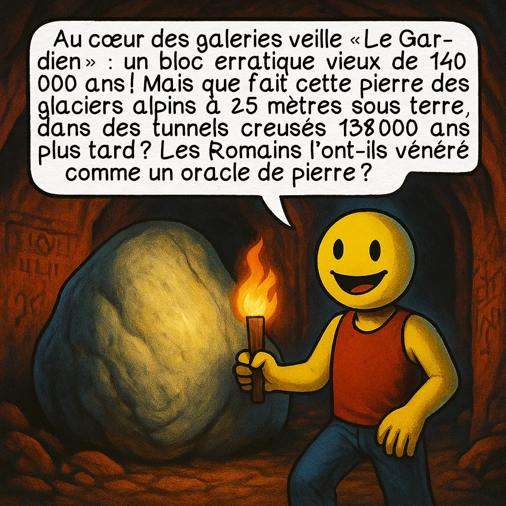 Les arêtes de poisson, case 7 : Au cœur des galeries veille « Le Gardien » : un bloc erratique vieux de 140 000 ans ! Mais que fait cette pierre des glaciers alpins à 25 mètres sous terre, dans des tunnels creusés 138 000 ans plus tard ? Les Romains l’ont-ils vénéré comme un oracle de pierre ?