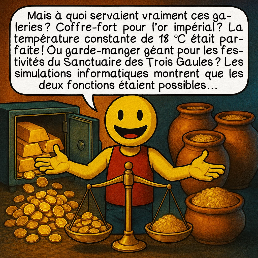 Les arêtes de poisson, case 8 : Mais à quoi servaient vraiment ces galeries ? Coffre-fort pour l’or impérial ? La température constante de 18 °C était parfaite ! Ou garde-manger géant pour les festivités du Sanctuaire des Trois Gaules ? Les simulations informatiques montrent que les deux fonctions étaient possibles…