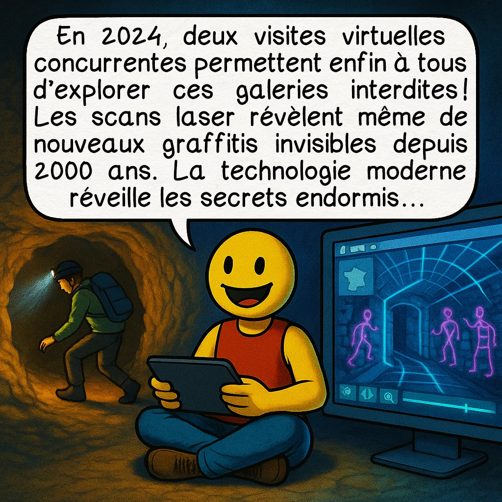 Les arêtes de poisson, case 9 : En 2024, deux visites virtuelles concurrentes permettent enfin à tous d’explorer ces galeries interdites ! Les scans laser révèlent même de nouveaux graffitis invisibles depuis 2000 ans. La technologie moderne réveille les secrets endormis…