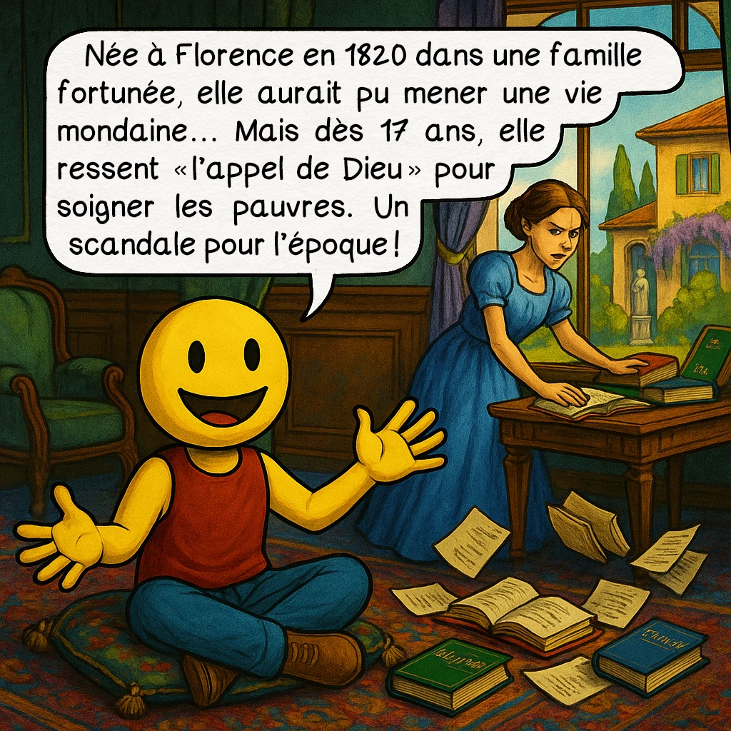 Florence Nightingale, case 2 : Née à Florence en 1820 dans une famille fortunée, elle aurait pu mener une vie mondaine… Mais dès 17 ans, elle ressent « l’appel de Dieu » pour soigner les pauvres. Un scandale pour l’époque !