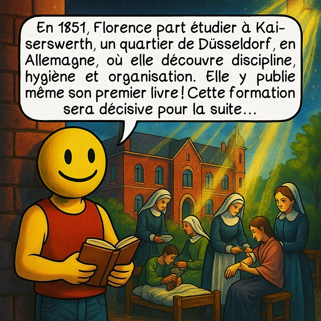 Florence Nightingale, case 3 : En 1851, Florence part étudier à Kaiserswerth, un quartier de Düsseldorf, en Allemagne, où elle découvre discipline, hygiène et organisation. Elle y publie même son premier livre ! Cette formation sera décisive pour la suite…
