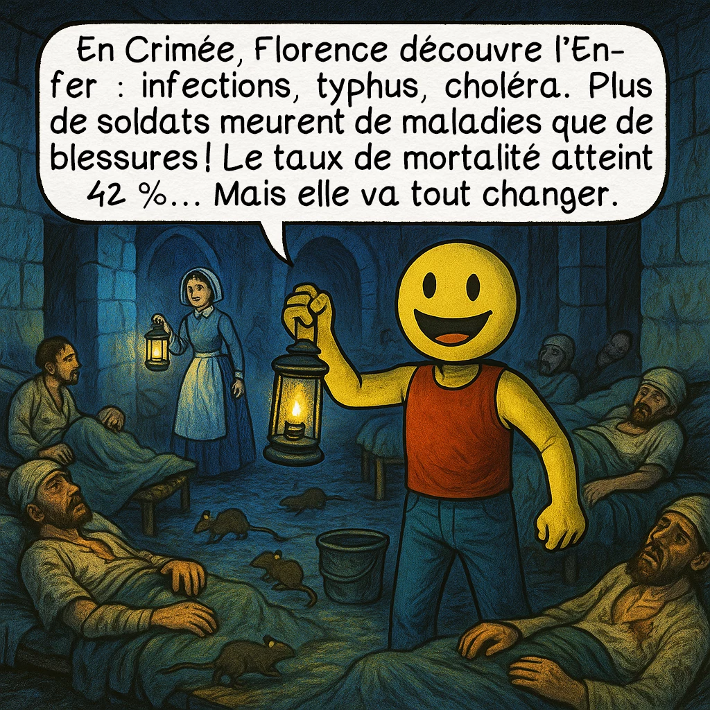 Florence Nightingale, case 4 : En Crimée, Florence découvre l’Enfer : infections, typhus, choléra. Plus de soldats meurent de maladies que de blessures ! Le taux de mortalité atteint 42 %… Mais elle va tout changer.