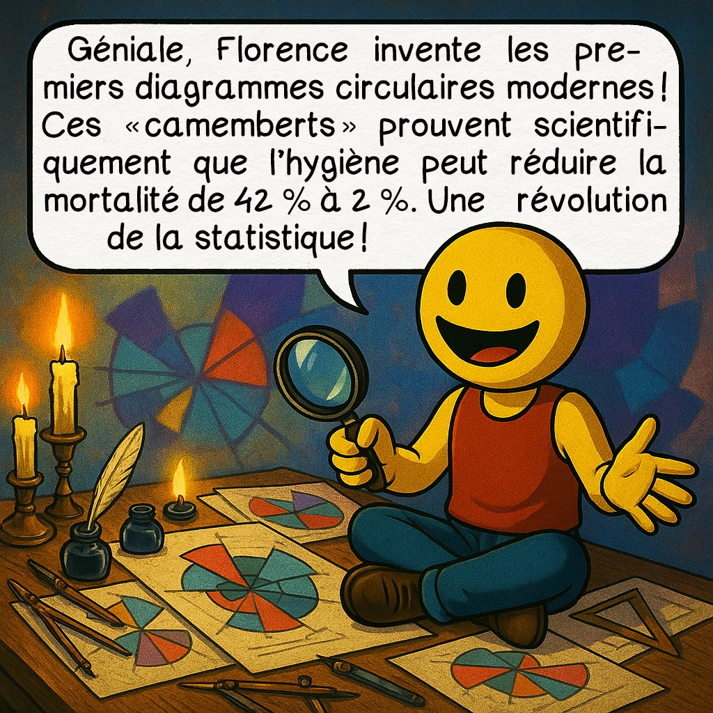 Florence Nightingale, case 5 : Géniale, Florence invente les premiers diagrammes circulaires modernes ! Ces « camemberts » prouvent scientifiquement que l’hygiène peut réduire la mortalité de 42 % à 2 %. Une révolution de la statistique !