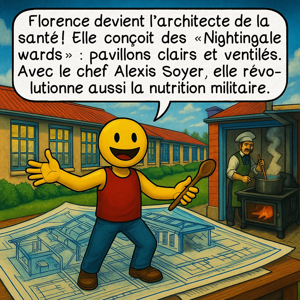 Florence Nightingale, case 6 : Florence devient l’architecte de la santé ! Elle conçoit des « Nightingale wards » : pavillons clairs et ventilés. Avec le chef Alexis Soyer, elle révolutionne aussi la nutrition militaire.