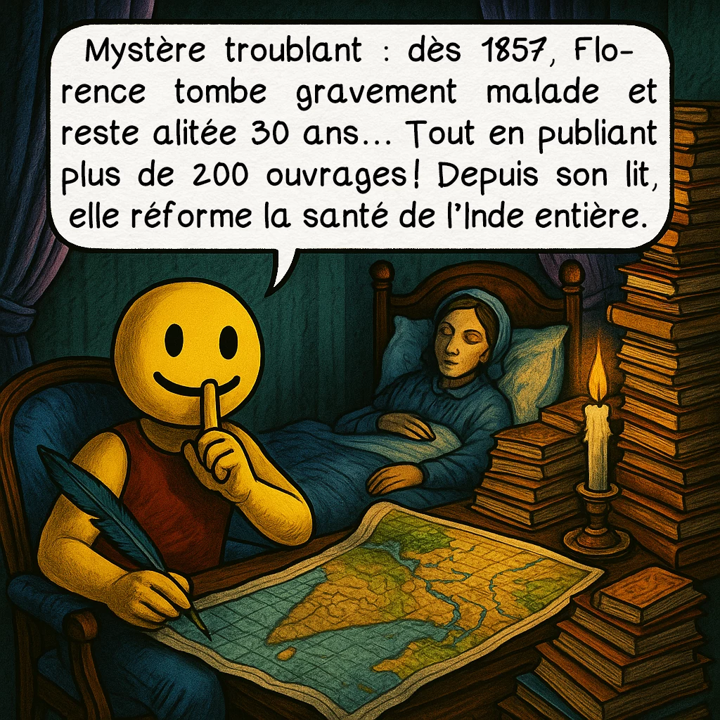 Florence Nightingale, case 7 : Mystère troublant : dès 1857, Florence tombe gravement malade et reste alitée 30 ans… Tout en publiant plus de 200 ouvrages ! Depuis son lit, elle réforme la santé de l’Inde entière.