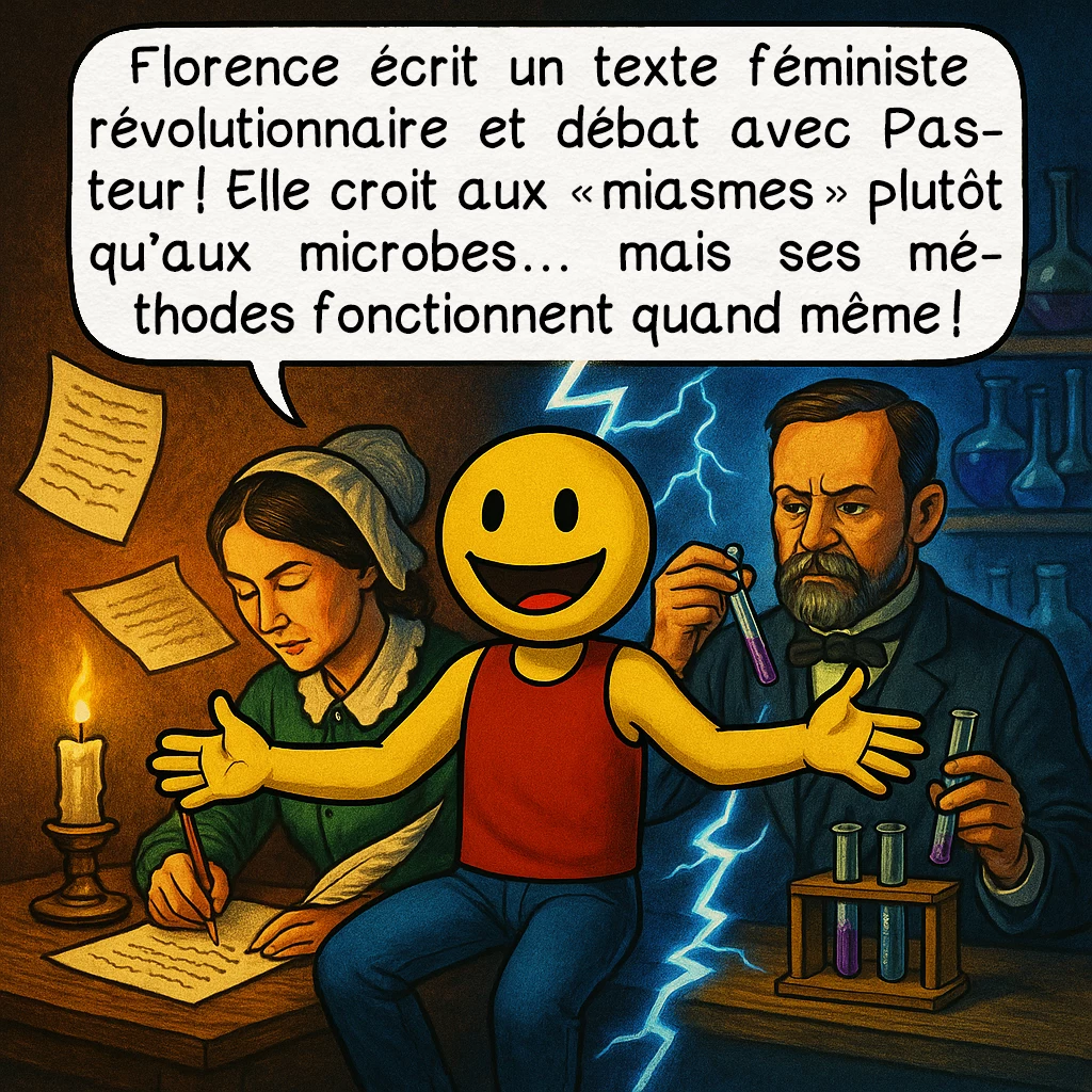 Florence Nightingale, case 8 : Florence écrit un texte féministe révolutionnaire et débat avec Pasteur ! Elle croit aux « miasmes » plutôt qu’aux microbes… mais ses méthodes fonctionnent quand même !