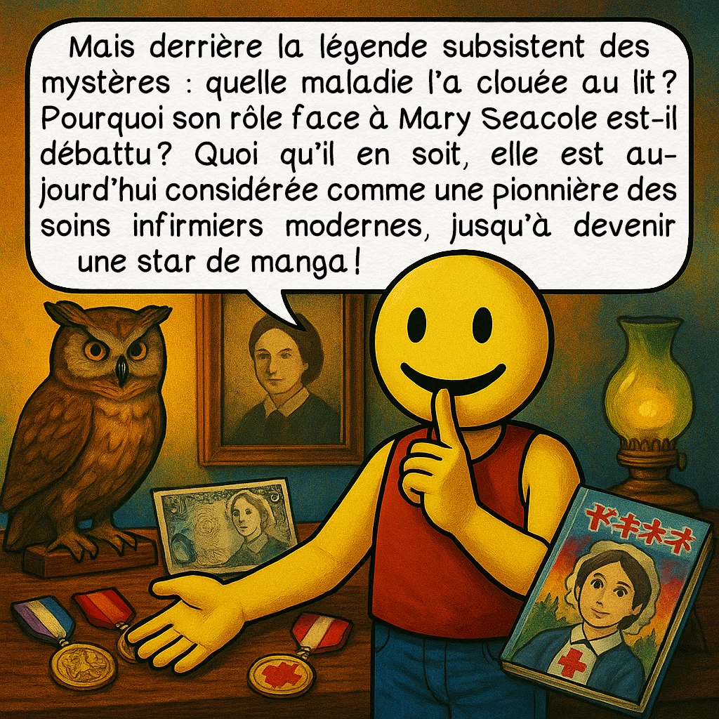 Florence Nightingale, case 9 : Mais derrière la légende subsistent des mystères : quelle maladie l’a clouée au lit ? Pourquoi son rôle face à Mary Seacole est-il débattu ? Quoi qu’il en soit, elle est aujourd’hui considérée comme une pionnière des soins infirmiers modernes, jusqu’à devenir une star de manga !