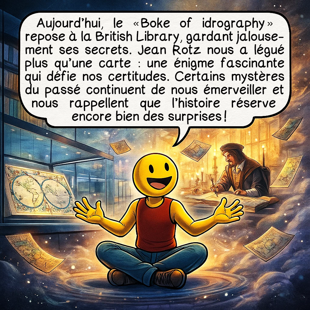 La carte de Jean Rotz, case 10 : Aujourd’hui, le « Boke of idrography » repose à la British Library, gardant jalousement ses secrets. Jean Rotz nous a légué plus qu’une carte : une énigme fascinante qui défie nos certitudes. Certains mystères du passé continuent de nous émerveiller et nous rappellent que l’histoire réserve encore bien des surprises !