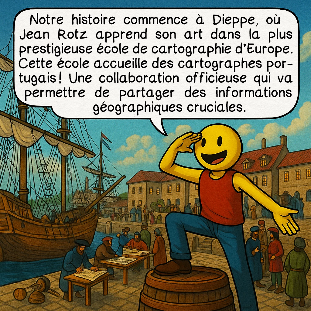 La carte de Jean Rotz, case 2 : Notre histoire commence à Dieppe, où Jean Rotz apprend son art dans la plus prestigieuse école de cartographie d’Europe. Cette école accueille des cartographes portugais ! Une collaboration officieuse qui va permettre de partager des informations géographiques cruciales.