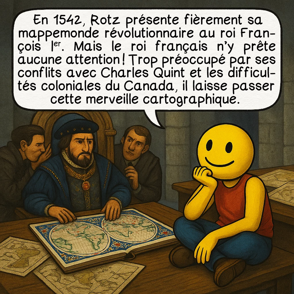 La carte de Jean Rotz, case 3 : En 1542, Rotz présente fièrement sa mappemonde révolutionnaire au roi François Ier. Mais le roi français n’y prête aucune attention ! Trop préoccupé par ses conflits avec Charles Quint et les difficultés coloniales du Canada, il laisse passer cette merveille cartographique.