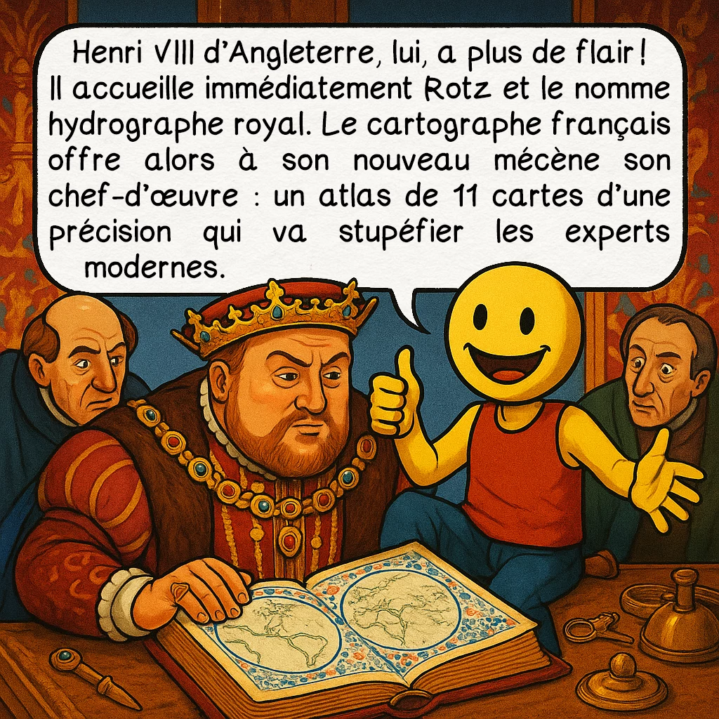 La carte de Jean Rotz, case 4 : Henri VIII d’Angleterre, lui, a plus de flair ! Il accueille immédiatement Rotz et le nomme hydrographe royal. Le cartographe français offre alors à son nouveau mécène son chef-d’œuvre : un atlas de 11 cartes d’une précision qui va stupéfier les experts modernes.
