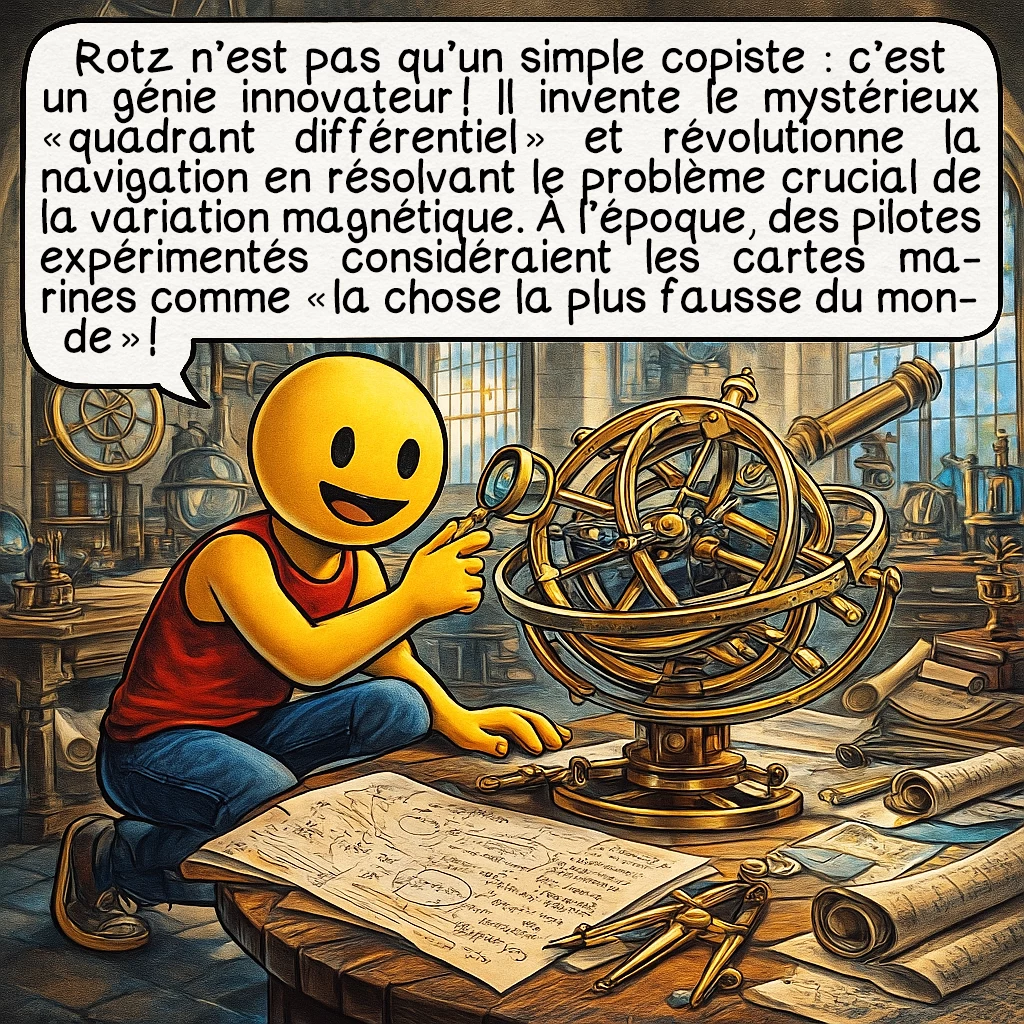 La carte de Jean Rotz, case 5 : Rotz n’est pas qu’un simple copiste : c’est un génie innovateur ! Il invente le mystérieux « quadrant différentiel » et révolutionne la navigation en résolvant le problème crucial de la variation magnétique. À l’époque, des pilotes expérimentés considéraient les cartes marines comme « la chose la plus fausse du monde » !