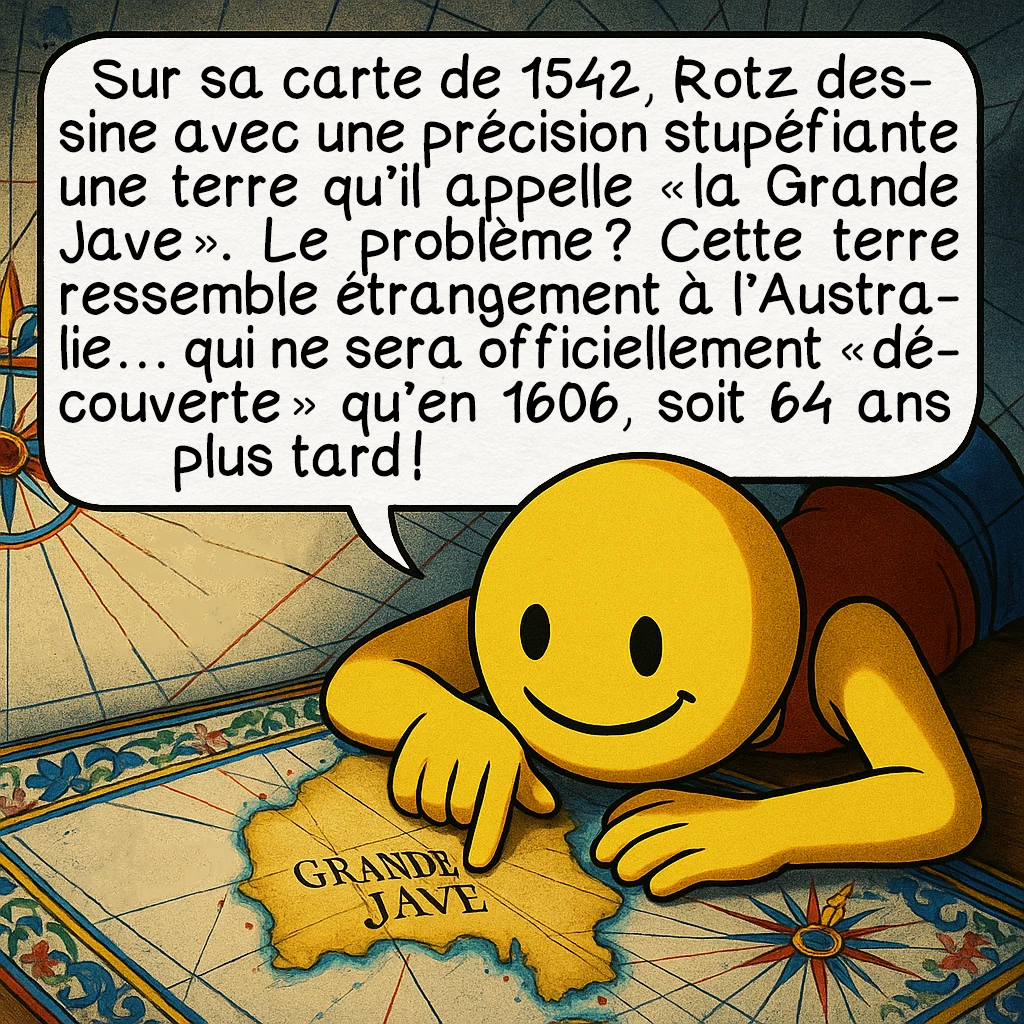 La carte de Jean Rotz, case 6 : Sur sa carte de 1542, Rotz dessine avec une précision stupéfiante une terre qu’il appelle « la Grande Jave ». Le problème ? Cette terre ressemble étrangement à l’Australie… qui ne sera officiellement « découverte » qu’en 1606, soit 64 ans plus tard !