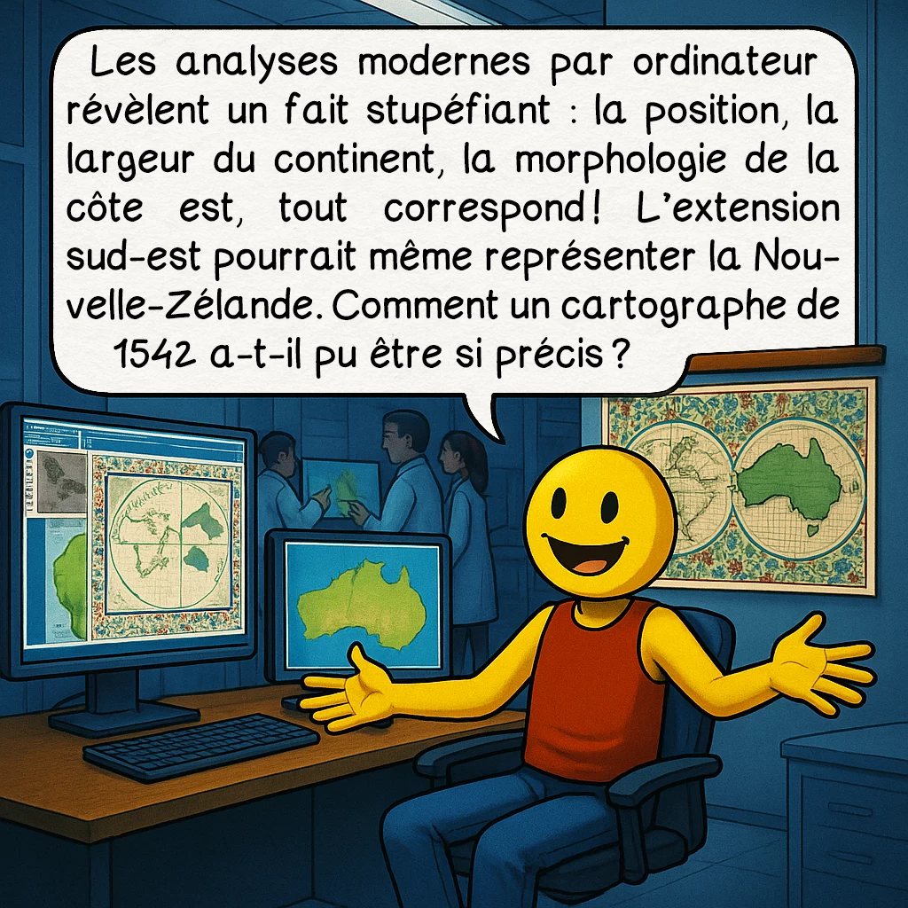 La carte de Jean Rotz, case 7 : Les analyses modernes par ordinateur révèlent un fait stupéfiant : la position, la largeur du continent, la morphologie de la côte est, tout correspond ! L’extension sud-est pourrait même représenter la Nouvelle-Zélande. Comment un cartographe de 1542 a-t-il pu être si précis ?