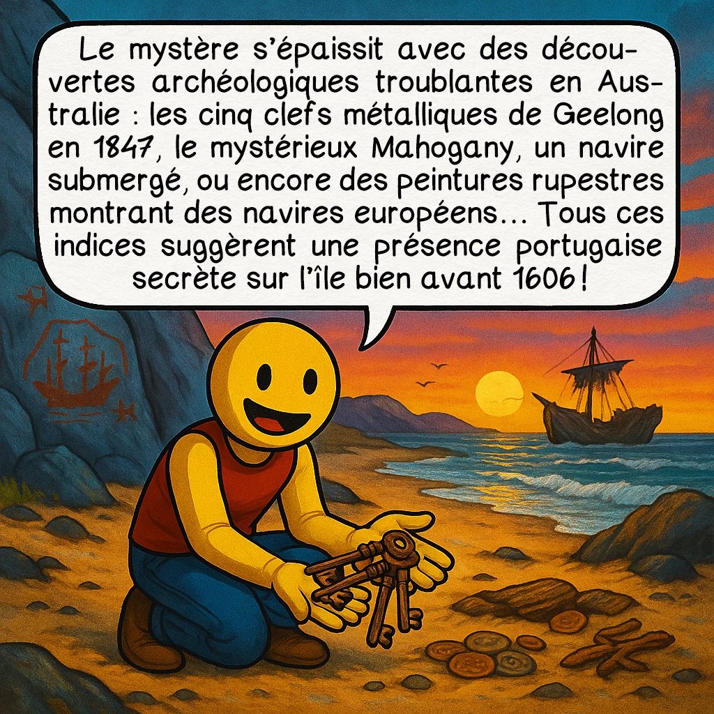 La carte de Jean Rotz, case 8 : Le mystère s’épaissit avec des découvertes archéologiques troublantes en Australie : les cinq clefs métalliques de Geelong en 1847, le mystérieux Mahogany, un navire submergé, ou encore des peintures rupestres montrant des navires européens… Tous ces indices suggèrent une présence portugaise secrète sur l’île bien avant 1606 !