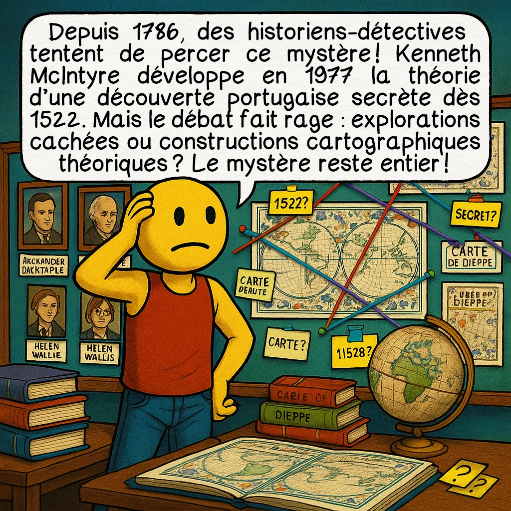 La carte de Jean Rotz, case 9 : Depuis 1786, des historiens-détectives tentent de percer ce mystère ! Kenneth McIntyre développe en 1977 la théorie d’une découverte portugaise secrète dès 1522. Mais le débat fait rage : explorations cachées ou constructions cartographiques théoriques ? Le mystère reste entier !