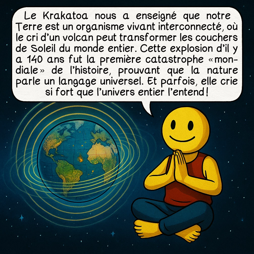 L’éruption du Krakatoa en 1883, case 10 : Le Krakatoa nous a enseigné que notre Terre est un organisme vivant interconnecté, où le cri d’un volcan peut transformer les couchers de Soleil du monde entier. Cette explosion d’il y a 140 ans fut la première catastrophe « mondiale » de l’histoire, prouvant que la nature parle un langage universel. Et parfois, elle crie si fort que l’univers entier l’entend !