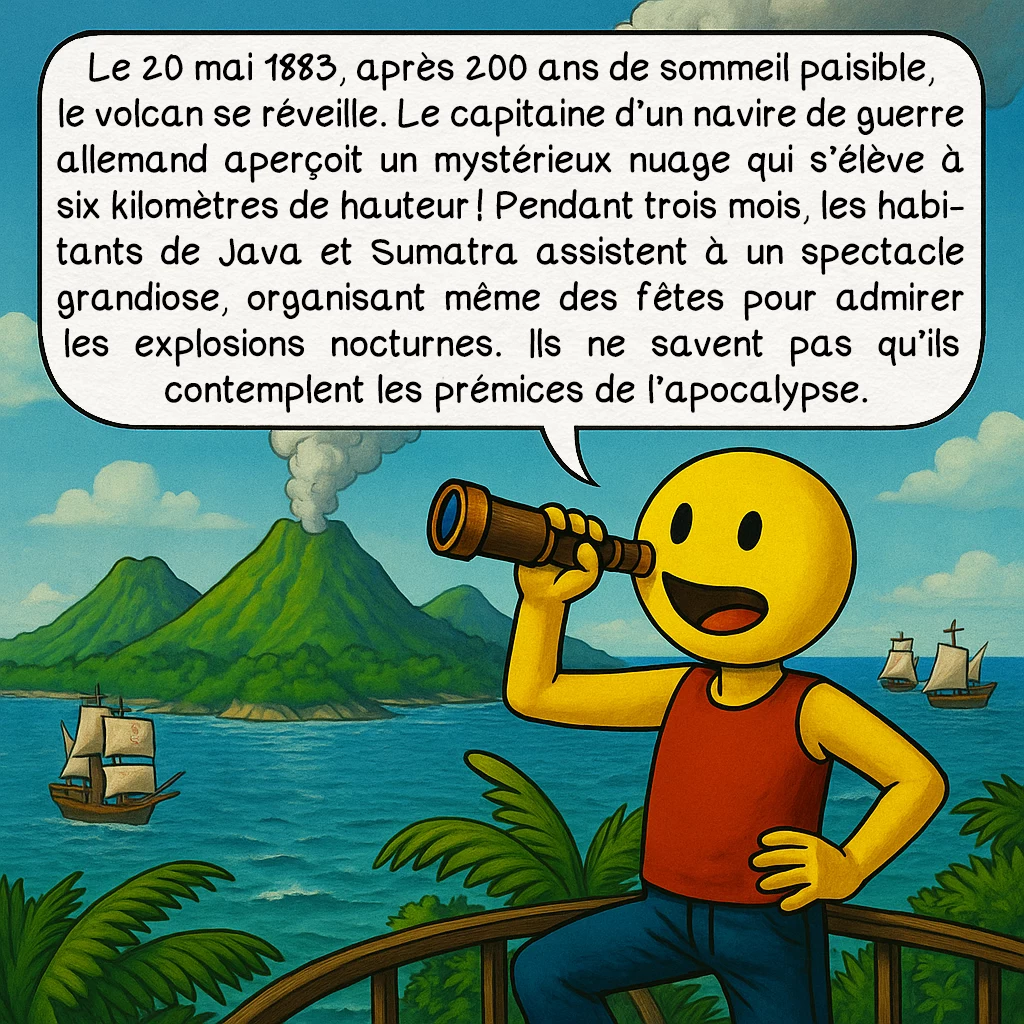 L’éruption du Krakatoa en 1883, case 2 : Le 20 mai 1883, après 200 ans de sommeil paisible, le volcan se réveille. Le capitaine d’un navire de guerre allemand aperçoit un mystérieux nuage qui s’élève à six kilomètres de hauteur ! Pendant trois mois, les habitants de Java et Sumatra assistent à un spectacle grandiose, organisant même des fêtes pour admirer les explosions nocturnes. Ils ne savent pas qu’ils contemplent les prémices de l’apocalypse.