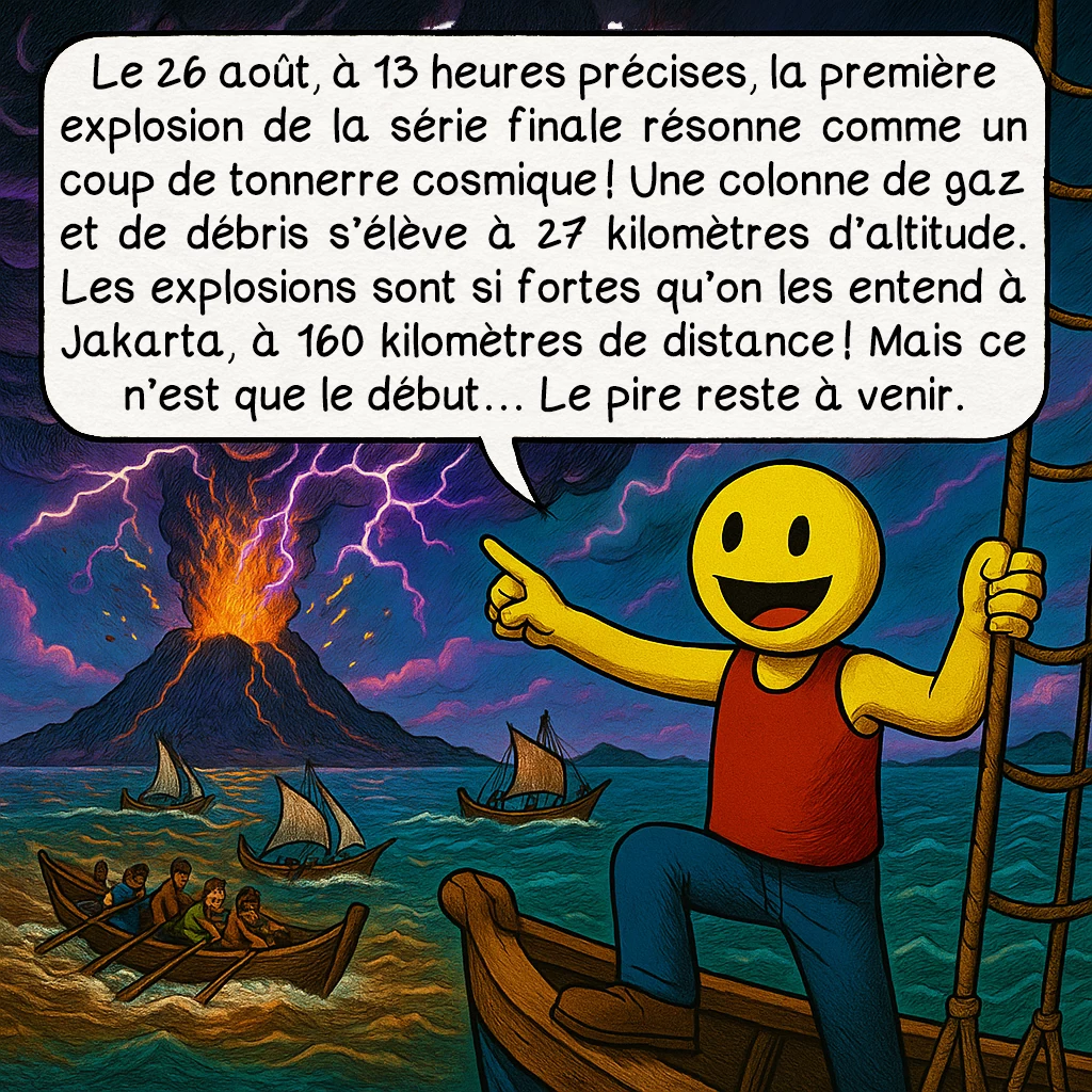L’éruption du Krakatoa en 1883, case 3 : Le 26 août, à 13 heures précises, la première explosion de la série finale résonne comme un coup de tonnerre cosmique ! Une colonne de gaz et de débris s’élève à 27 kilomètres d’altitude. Les explosions sont si fortes qu’on les entend à Jakarta, à 160 kilomètres de distance ! Mais ce n’est que le début… Le pire reste à venir.