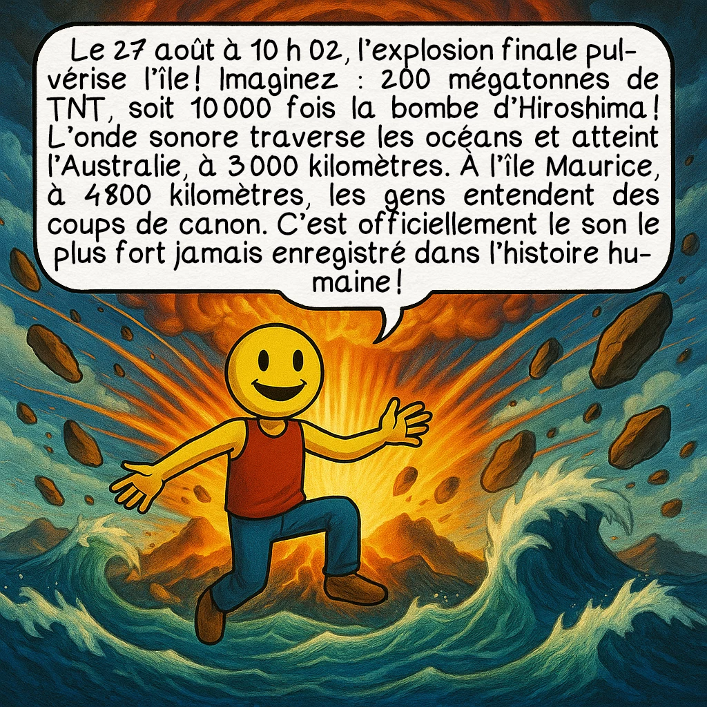 L’éruption du Krakatoa en 1883, case 4 : Le 27 août à 10 h 02, l’explosion finale pulvérise l’île ! Imaginez : 200 mégatonnes de TNT, soit 10 000 fois la bombe d’Hiroshima ! L’onde sonore traverse les océans et atteint l’Australie, à 3 000 kilomètres. À l’île Maurice, à 4 800 kilomètres, les gens entendent des coups de canon. C’est officiellement le son le plus fort jamais enregistré dans l’histoire humaine !
