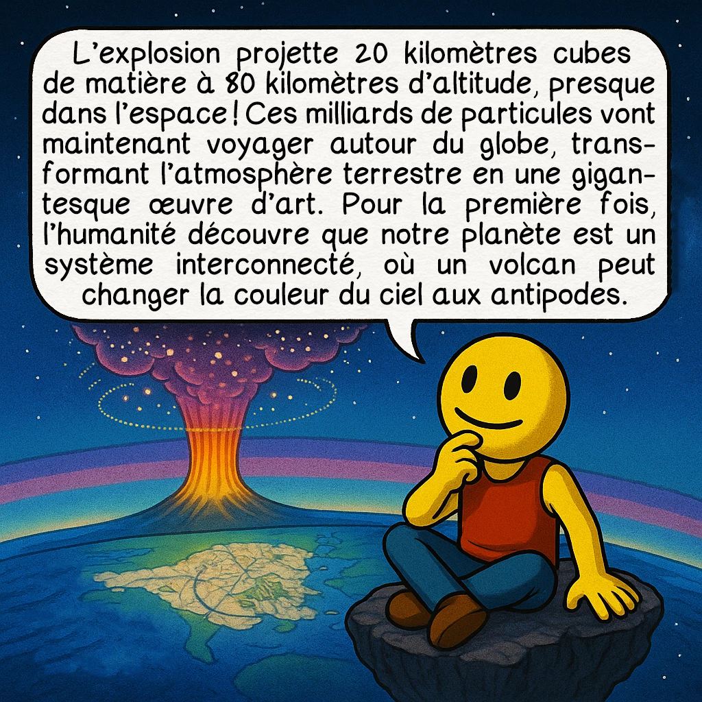 L’éruption du Krakatoa en 1883, case 5 : L’explosion projette 20 kilomètres cubes de matière à 80 kilomètres d’altitude, presque dans l’espace ! Ces milliards de particules vont maintenant voyager autour du globe, transformant l’atmosphère terrestre en une gigantesque œuvre d’art. Pour la première fois, l’humanité découvre que notre planète est un système interconnecté, où un volcan peut changer la couleur du ciel aux antipodes.