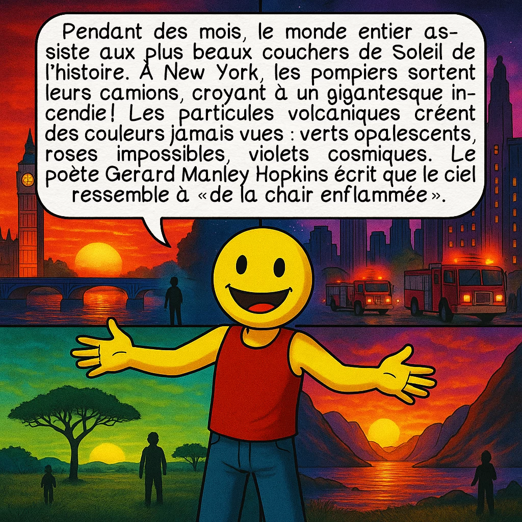 L’éruption du Krakatoa en 1883, case 6 : Pendant des mois, le monde entier assiste aux plus beaux couchers de Soleil de l’histoire. À New York, les pompiers sortent leurs camions, croyant à un gigantesque incendie ! Les particules volcaniques créent des couleurs jamais vues : verts opalescents, roses impossibles, violets cosmiques. Le poète Gerard Manley Hopkins écrit que le ciel ressemble à « de la chair enflammée ».